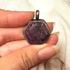 Natural Hexagon Ruby Pendant – Star Signature Back Charm w/ Metal Setting